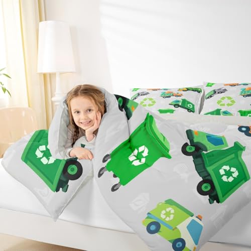 Image of Feelyou Green Garbage Truck Toddler Size Bedding Set Cartoon Trash Truck Comforter Set for Kids Boys Girls Teens Green Vehicle Car Comforter Garbage Truck Toy Duvet Set with 1 Pillow Case
