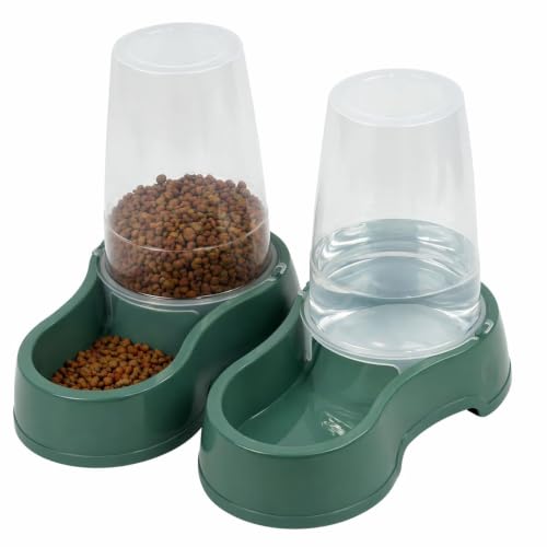 DIVCHI Pet Food & Water Dispenser Dual Feeding Station for Cats & Small Dogs | Transparent Plastic Easy to Clean Spill-Resistant Portable Design (Green)