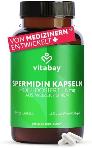 Vitabay Spermidin 6 mg Hochdosiert – 120 vegane Kapseln | mit fermentiertem Weizenkeimextrakt – Natürlich hergestellt – Laborgeprüft & ohne Zusatzstoffe – Vorrat für 4 Monate