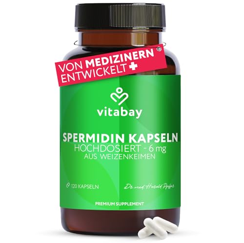 Vitabay Spermidin 6 mg Hochdosiert 120 vegane Kapseln mit fermentiertem Weizenkeimextrakt Natürlich hergestellt - Laborgeprüft in Deutschland & ohne Zusatzstoffe Vorrat für 4 Monate