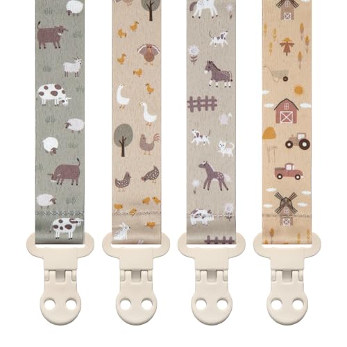 Stadela Baby Pacifier Clip Holder - Girl or Boy Unisex 4 Pack Gift Set – Farm Animals Barn and Tractors Neutral
