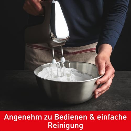 Foto von Tefal Power Mix Silence Handmixer, 600 Watt, variabler Geschwindigkeitsregler, Turbo- und Auswurf-Funktion, extrem leiser Motor, Handrührgerät inkl. 2 Rührbesen und 2 Knethaken, grau, HT650E38