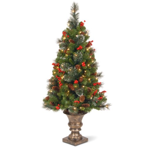 National Tree Company Pre-Lit Artificial Mini Christmas Tree, Green, Crestwood Spruce, White Lights, Decorated With Pine Cones, Berry Clusters, Frosted Branches, Includes Pot Base, 4 Feet #TOP8