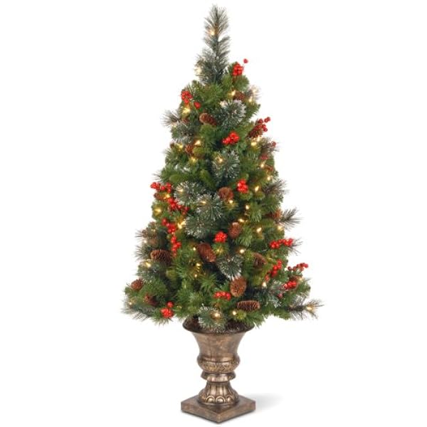 Albero Nazionale 4 piedi Crestwood Abete Entrata Albero con Coni, Glitter, Bacche Rosse, Setola Argento e 100 Luci Chiare, Urna Decorativa (CW7-306-40)