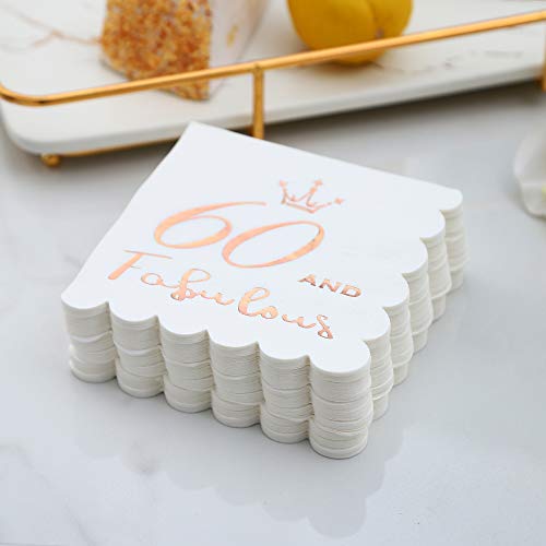 60 And Fabulous Cocktail Napkins Rose Gold - 60Th Birthday Decorations For Women, Folded 5X5 Inches Disposable Party Napkins 3-Ply Paper Beverage Napkins, 60Th Birthday Napkins, Wedding Anniversary #TOP3