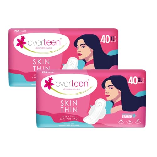 Image of everteen SKIN THIN XL 80 Sanitary Pads for Women, Ultra Thin Sanitary Napkins XL 285mm, Wider Back Coverage for No Stains, Rash-Free Protection - Pack of 2