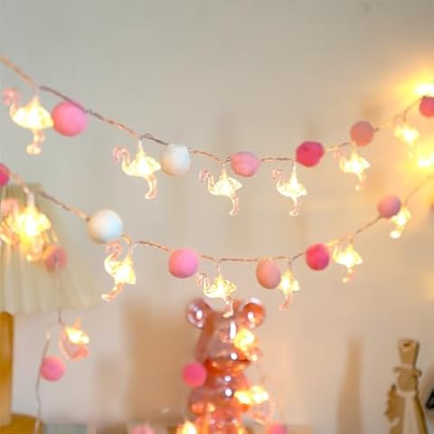 9.85FT Indoor String Lights 20 Pom Poms 20 Pink Flamingo LED Lights Battery Operated with Timer Kids Bedroom Decoration for Girls Birthday Party Kids Playhouse Wedding Valentine's Day Christmas Decor Cover