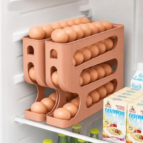 Image of 4-Tier Automatic Rolling Egg Dispenser for Refrigerator - Space-Saving Plastic Egg Holder, Holds Up to 30 Eggs, Roll-Down Design (Light Brown)