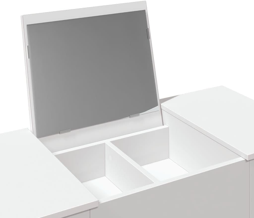 Close-up of the vidaXL White Dressing Table with mirror open and internal compartments visible