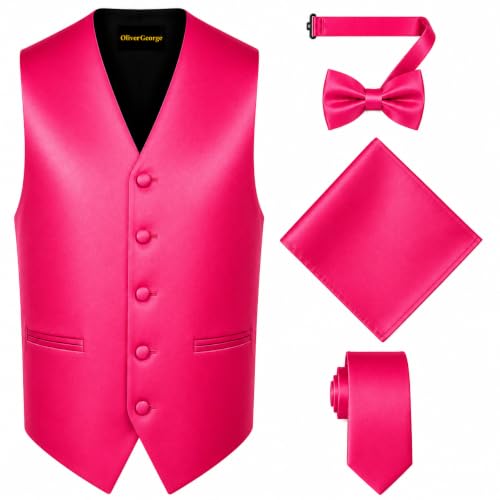 Image of Oliver George 4pc Men's Solid Formal Suit Waistcoat Tuxedo Dress Vest Necktie Bowtie Handkerchief Set for Suit or Tuxedo