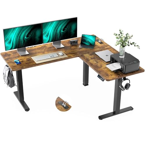 Marsail 63×55 in Electric Corner L-Shaped Standing Desk with 4-in 1 Electical Outlet, Computer Desk with Headphone Hook, Memory Sit Stand up Home Office Table, Ergonomic Gaming Table,Brown