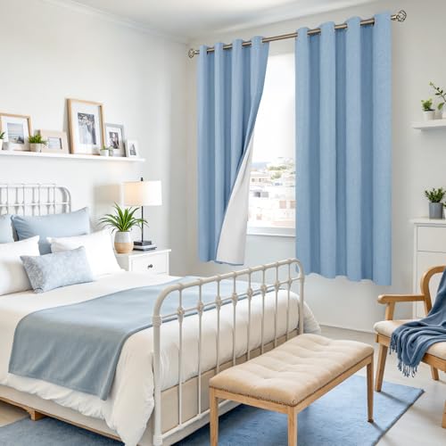Image of YoungsTex Light Blue Linen Blackout Curtains 63 Inches Long, Room Darkening Bedroom Drapes with Grommet Light Blocking for Living Room Thermal Insulated, 2 Panels, 52 X 63 Inch