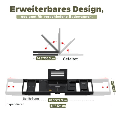 Faltbares Badewannentablett, Einziehbares Und Verstellbares Badewannentablett, Multifunktionales Badezimmertablett Mit BuchstüTzen, Seifenhalter, Handtuchhalter Und Weinglashalter, Schwarz