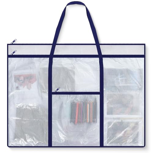 Image of Huhumy Large Art Portfolio Case 48 inch x 36 inch Poster Storage Bag Bulletin Board Holder Container PVC Folder with Zipper Handles Pocket for Teachers Artist Artwork Organization(Dark Blue,Grid)