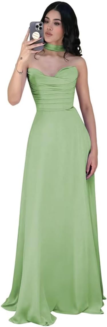 Yexinbridal Strapless Bridesmaid Dresses Scarf Chiffon Long Formal Wedding Evening Party Gowns for Women