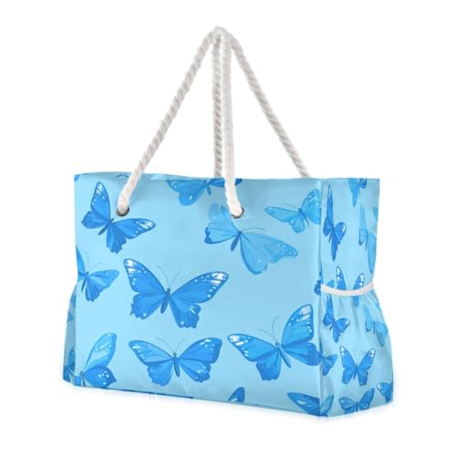ATTX Blue Butterflies Beach Bags for Women - Large Beach Bags with Zipper Waterproof Sandproof Swim Pool Bag Large Tote#272