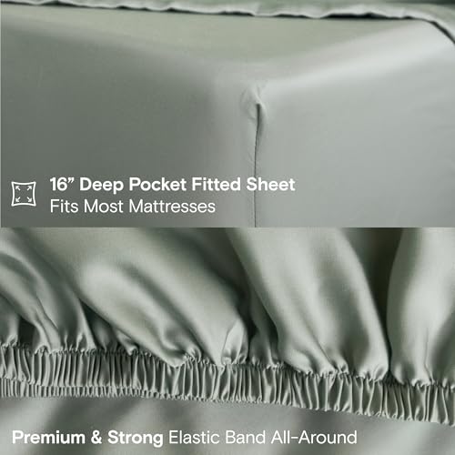 Image of DOZ Sheet Set, 100% Viscose derived from Bamboo, Organically Grown, Buttery Soft, Cooling Sheets, High GSM, Deep Pockets - 3 Piece - 2 Pillowcases 1 Fitted Sheet (Sage, Queen)
