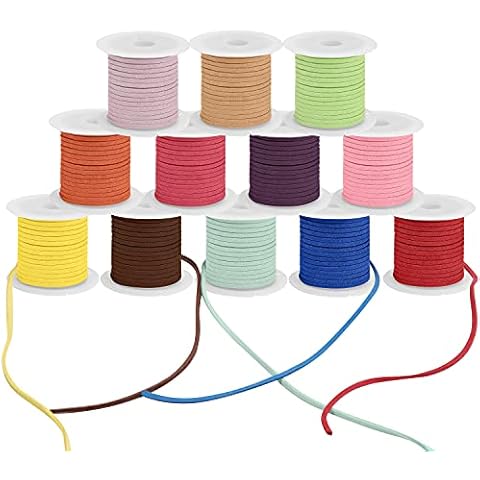 Curtzy Faux Suede Cord (12 Pack) - Each Spool is 3mm Thick and 3 Meters/3.3 Yards Long - Colourful Flat Lace Cord Rolls - Leather String for Jewellery Making, Bracelets, Necklaces, Beading, Crafts Cover