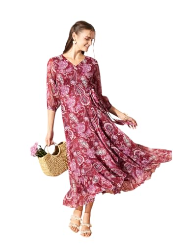 Image of Miss Chase Women's Multicolored Black Floral V-Neck 3 /4 Sleeve Wrap Chiffon Midi Dress