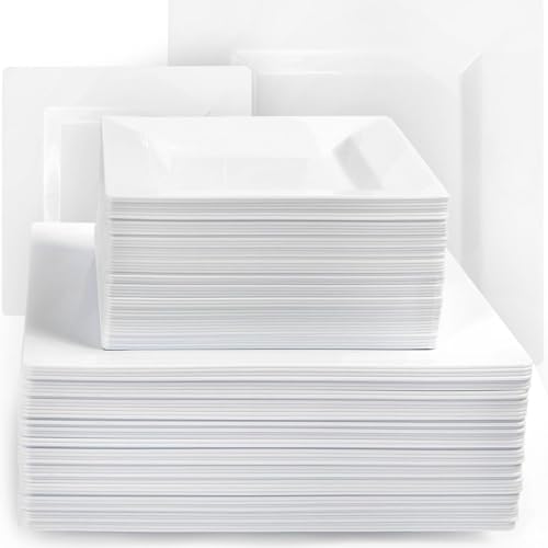 Aya's Cutlery Kingdom 100 Square Plastic Plates - Heavy Duty Disposable Plates - Includes 50 Dinner Plates (10-Inch) and 50 Salad Appetizer Plates (7-Inch) - Elegant White Party Plate for Holidays