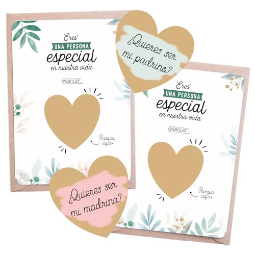 Manahia - Pack 2 Tarjetas Rasca Padrino y Madrina - ¿Queréis ser mis Padrinos? - Anuncio Sorpresa Embarazo y Bautizo - Kit Dúo Completo con Sobres Kraft