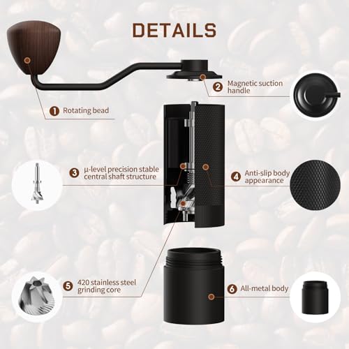 Image of MAVO Manual Coffee Grinder, Wizard Hand Coffee Grinder, Capacity 25g with CNC Stainless Steel Hexagonal Conical Burr, Adjustable Setting, Burr Coffee Bean Grinder for French Press, Pour Over, Silver