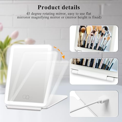 Rechargeable LED Lighted Makeup Mirror with 10X Magnification, Touch Screen Dimming, 3 Color Lighting Modes, and Foldable Stand - Perfect for Travel, Home, and Professional Use