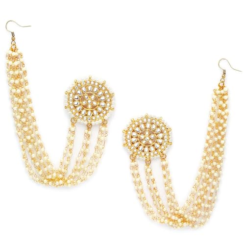 Image of Karatcart Gold Plated Pearl Chain Kundan Kaanchain Earrings for Women