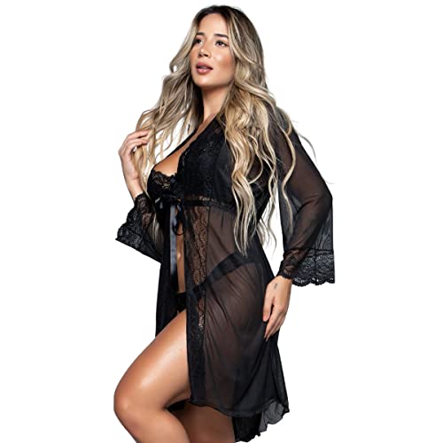 Conjunto Lingerie Com Aro Sem bojo e Robe feminino Sexy em Renda e Tule Combo Linha Noite Cor:Preto;