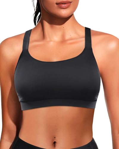 Black Women Sports Bra Swim Top - Swim Bra Bikini Tops Scoop Neck Bathing Suits Top Cross Strap 2025 Swimsuit Tops Only L