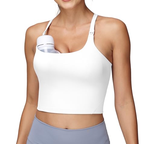 Image of Foucome Nursing Tank Tops Racerback Longline Nursing Sports Bra | Y-Back, Breastfeeding Bra Tank, Workout Crop Top, with Built in Bra