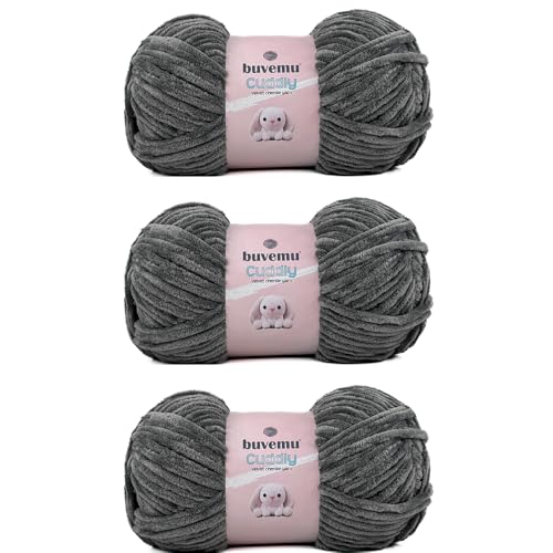 Image of Cuddly Cuddly Velvet Chenille Yarn, Super Soft Fluffy Bulky for Knitting Crocheting Blanket Amigurumi, Durable for Shedding, 100 Gram (3.53 Ounces) 109 Yards (100 Meters) (Dark Gray) (3 Skeins)