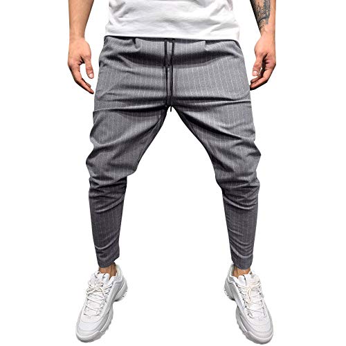 Tefamore Pantalones Hombre Casuales Larga Primavera Basicas Rayas Tela Escocesa para Hombre Pantalón De Pierna Recta (Gris, L)