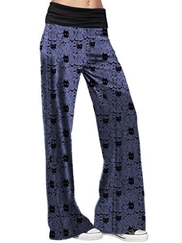 Anrilita Women's Comfy Pajama Pants Wide Leg Lounge Palazzo Yoga Pants Casual Loose Floral Print Fold Waist Pants(Blackcats,Xl) #TOP1