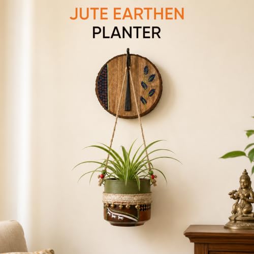 Image of AAKRITI ART CREATIONS Wall Hanging Planter with Hook | Jute Embellished Brown Earthen Planter on Round Wall Hook, Floral Art, Matte Finish | Metal, Terracotta & Wood