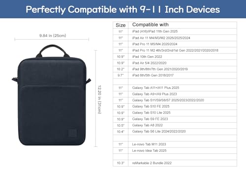 Image of Dadanism 9-11 Inch Tablet Sleeve Bag Carrying Case with Shoulder Strap for iPad (A16) 11 inch, iPad 10th Gen 10.9 inch, iPad Air M4 /Pro M5 11 inch, iPad 9 /8 /7th 10.2 inch, Galaxy Tab A11+ Plus 11 inch, Dark Blue