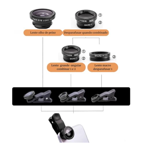 Kit Lentes para Celular Smartphone 3 em 1 Universal Ipad Tablet Laptop Clipe com Lente Grande Angula