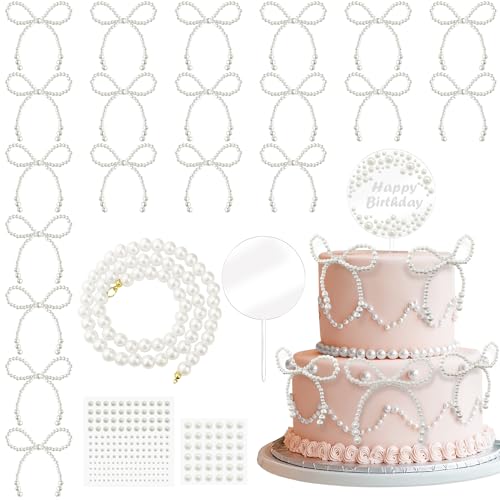 24pcs Pearl Bow Cake Decoration White Simulated Pearl Chain Transparent DIY Card Insertion Suitable Girls Women Bridal Shower Birthday Party Bow knot Party Decorations