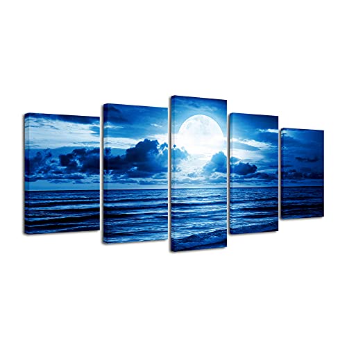 Pyradecor Blue Clouds Canvas Prints Wall Art Moon Sea Beach Pictures Paintings Ready to Hang for Living Room Bedroom Home Decor Modern 5 Piece Stretched Landscape Artwork