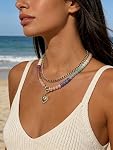 Colliers superposés pour les femmes, 14K Pendentif de coeur plaqué or & Choc à perles en acrylique coloré, Bijoux tendance mignon, Design de fermoir unique anti-angle, Collier Boho de plage d'été pour les femmes, ONE SIZE