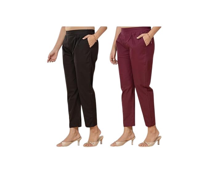 Women's Cotton Straight Fit Ankle Length Pants Pack of 2 | Elastic Waist Casual Trousers with Side Pockets | Solid Comfortable Lounge Wear Office Wear Bottoms for Women-image-39