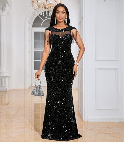 Image of Cololura Women Sexy Sequin Mesh Perspective Bodycon Party Cocktail Evening Gown Maxi Dress