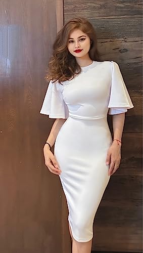 Image of Memoriesea Women's Basic Bodycon Ruffle Flared Short Sleeve Pencil Midi Dress