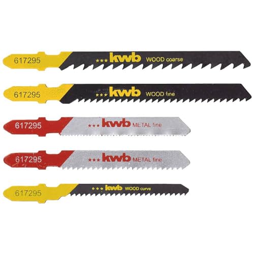 kwb Juego combinado de 5 piezas (HSS y hojas de sierra HCS) para cortes curvos en madera y cortes finos en metal con vástago T S-20/vástago de leva