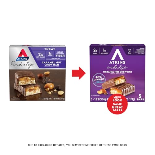 Image of Atkins Endulge Caramel Nut Chew Bar, Dessert Favorite, 1g Sugar, Good Source of Fiber, 5 Count