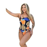 Maiô Monique com Estampa de Arara e Folhas, Alças Finas, Lateral com Amarração, Preto