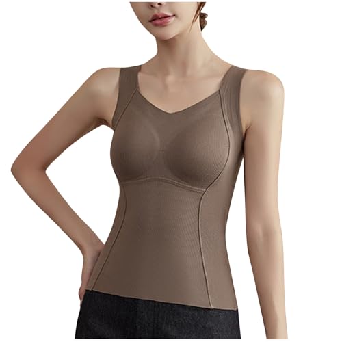 Womens Thermal Sleeveless Undershirt Tank Tops Camisole V Neck Slim Base Layer Top Warm Underwear Vest with Chest Pad
