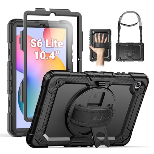 SEYMAC Case for Samsung Galaxy Tab S6 Lite 10.4'' 2024/2022/2020 (SM-P620/P610/P615), Heavy Duty Full-Body Shockproof Protective Case with Screen Protector, Rotating Stand, Hand/Shoulder Strap, Black
