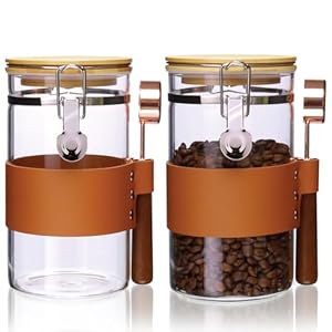 Glass Storage Jars with Spoon, Kitchen Food Storage jars with spoon, Glass Coffee Nuts Canister with Bamboo Lids, Scoop for Coffee Bean, Ground Coffee,Nuts, Cookie, Flour (40OZ×2)