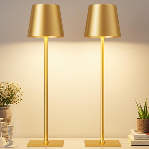 Gold Cordless Rechargeable Table Lamp, 2 Pack Portable Desk Lamp with 5000mAh Battery, Touch Control Stepless Dimming, Wireless Night Light for Dining, Outdoor Camping, Coffee Shop, Waterproof Design